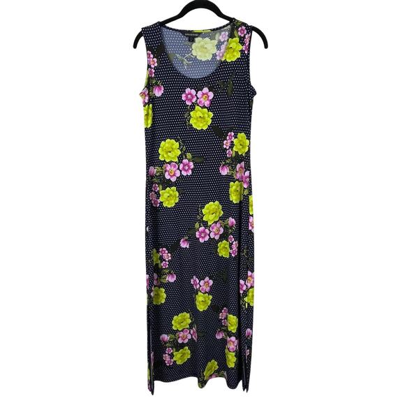 Nina Leonard Dresses & Skirts - Nina Leonard Petite SP Sleeveless Polka Dot‎ Floral Maxi Dress Blue Grannycore